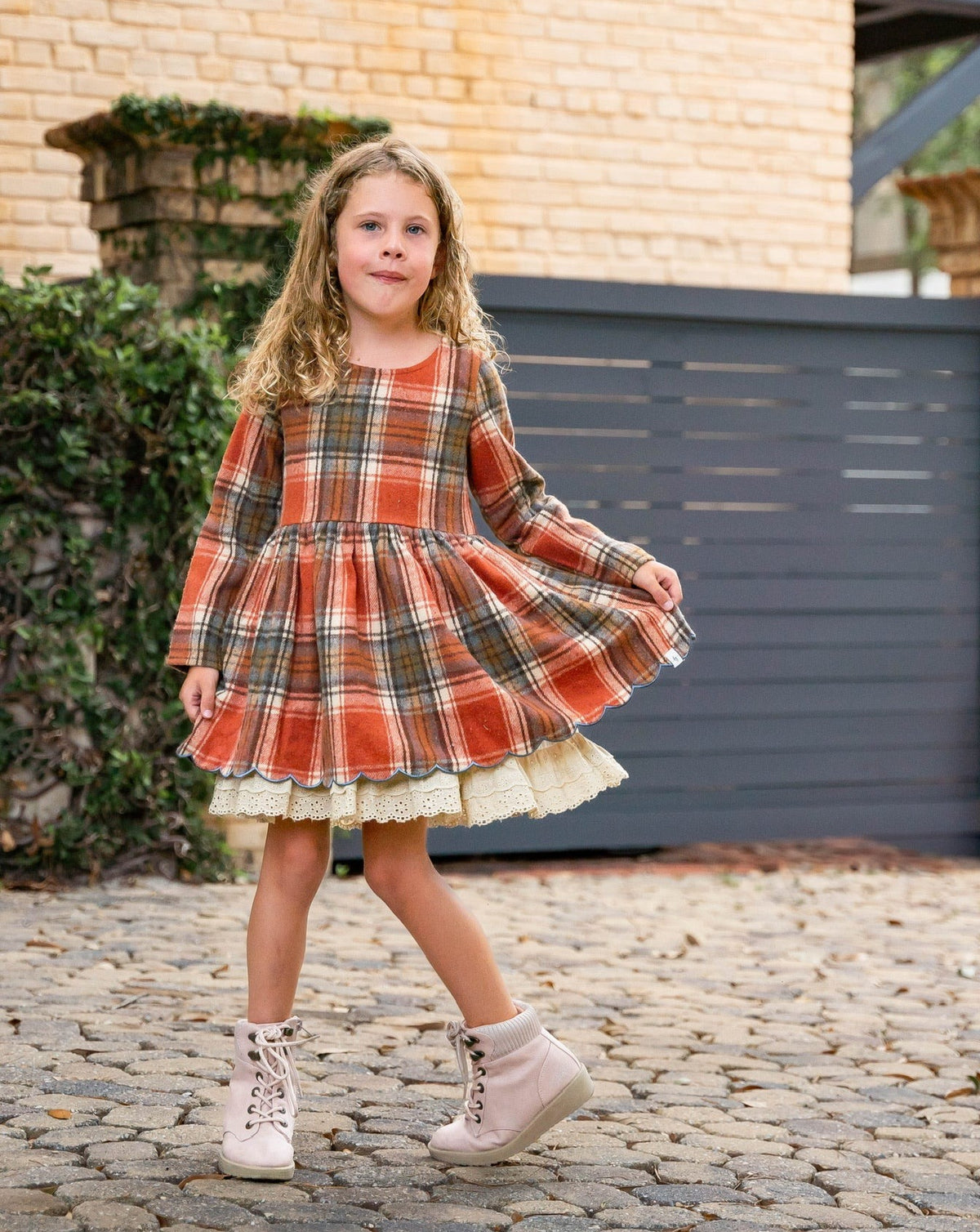 Fall Plaid Long Sleeve Dress and Bloomer Set