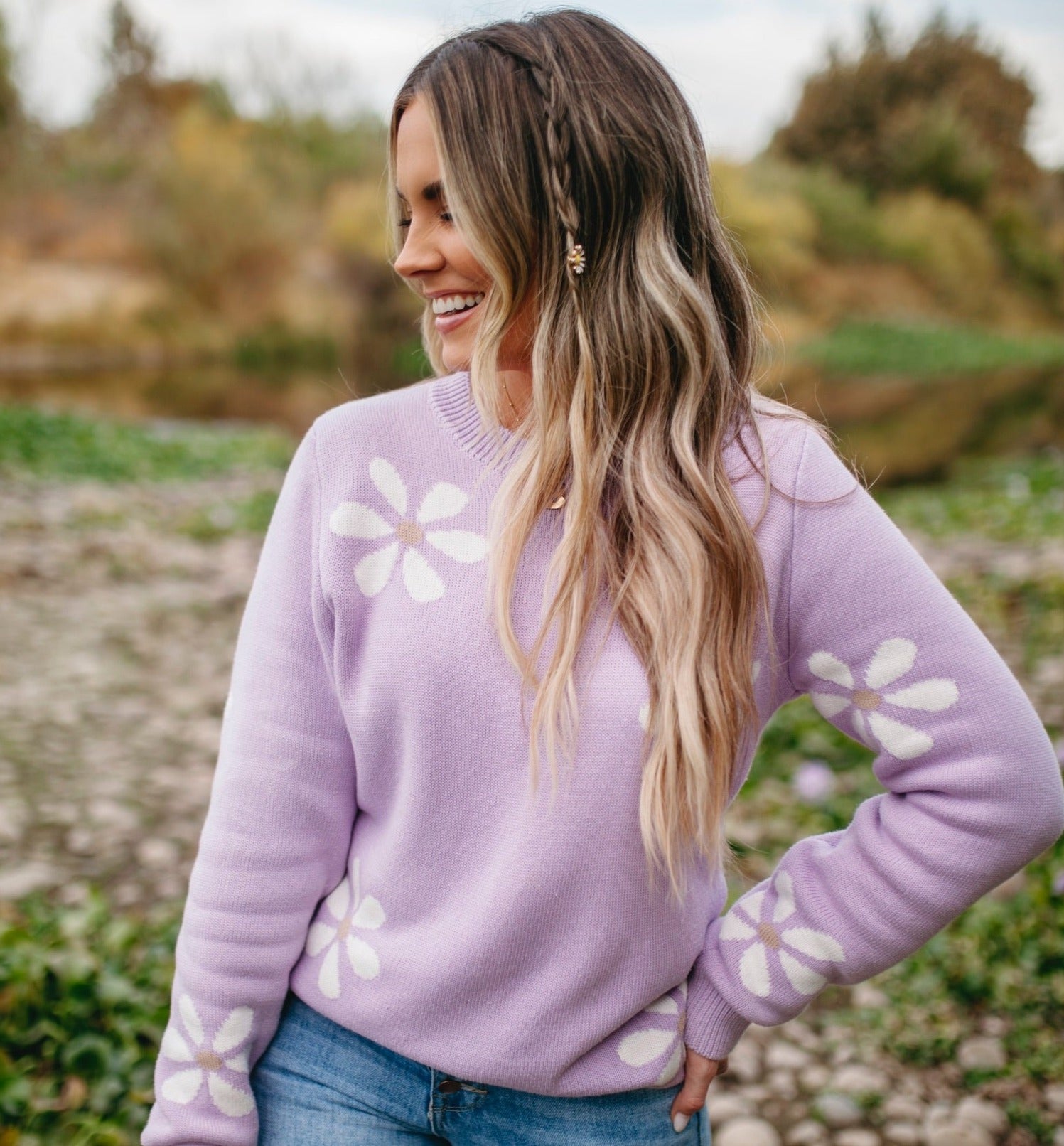 Women's Purple Flower Sweater - Love and Grow Clothing Co